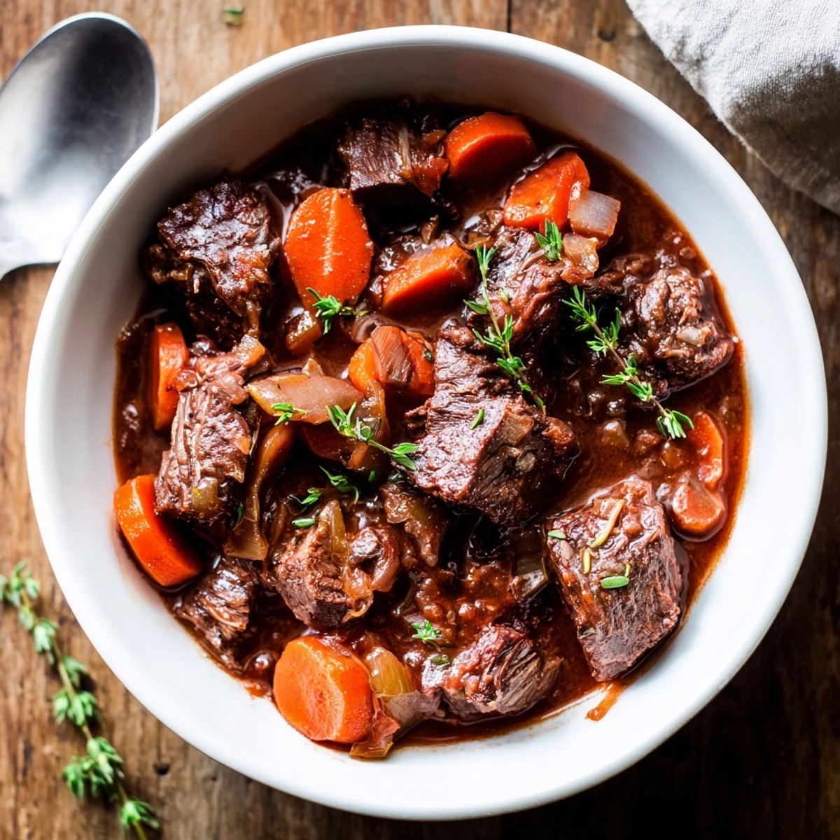 Tender Slow Cooked Beef Shin with Carrots and Thyme served over creamy mashed potatoes in a rustic bowl.