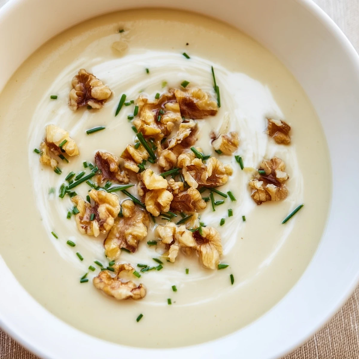 Creamy Parsnip and Pear Soup with Walnuts in a white bowl, topped with toasted walnuts and chives against a rustic backdrop.