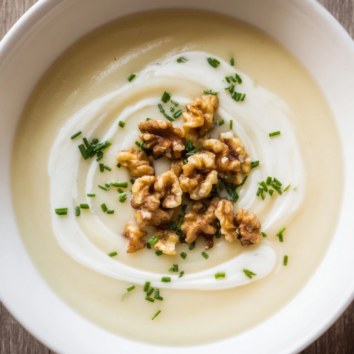 A close-up of Creamy Parsnip and Pear Soup with Walnuts, showing its silky texture next to crusty artisan bread.