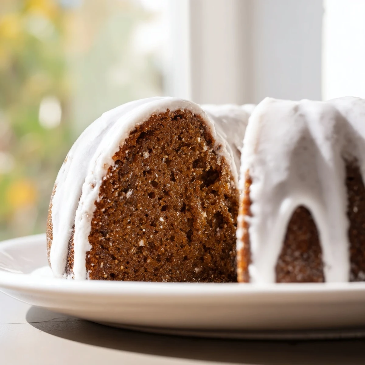 Overhead view of a Gingerbread Spiced Bundt cake with sweet vanilla glaze dripping down the fluted ridges on a cooling rack.