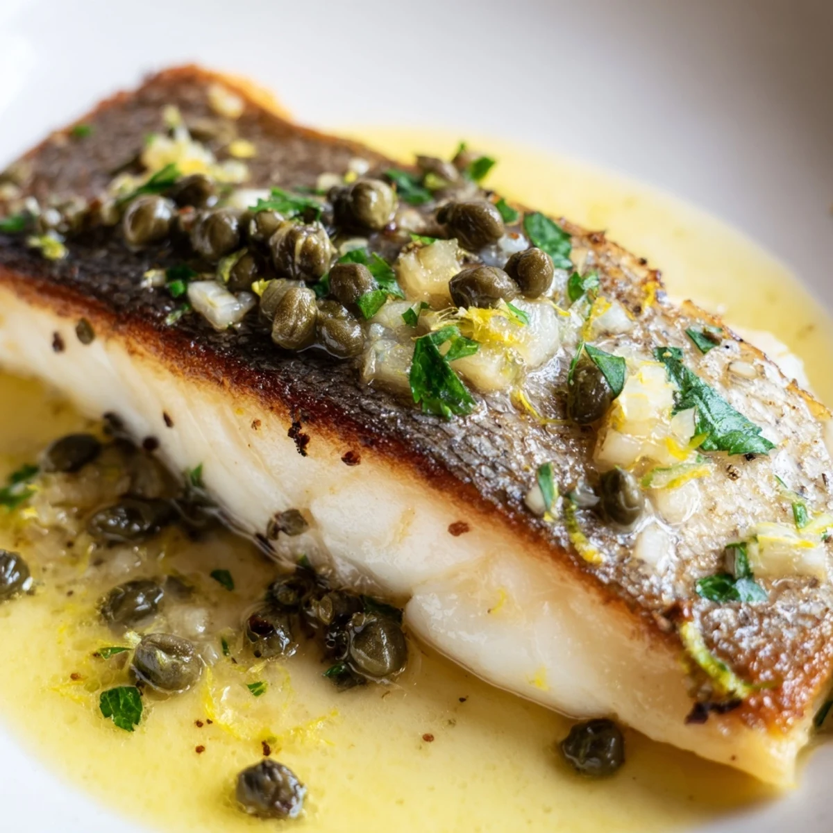 A close-up of Pan Seared Sea Bass with Lemon Caper Butter, garnished with fresh parsley and zest.