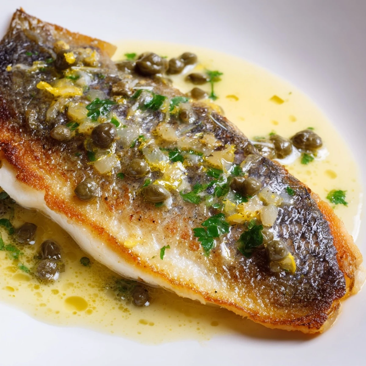 Pan Seared Sea Bass with Lemon Caper Butter served over sautéed spinach with crispy golden skin.