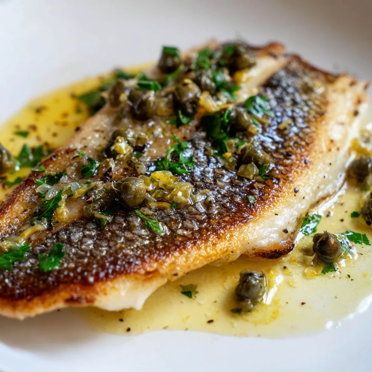 Ready-to-serve Pan Seared Sea Bass with Lemon Caper Butter on a plate, flaky texture and bright sauce.