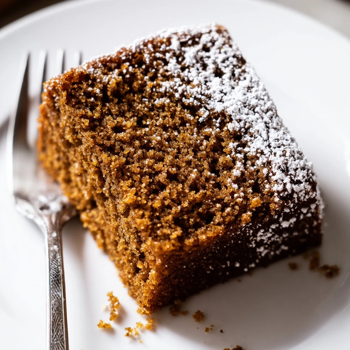 A slice of gingerbread cake with ginger on a white plate, dusted with powdered sugar and a dollop of whipped cream.