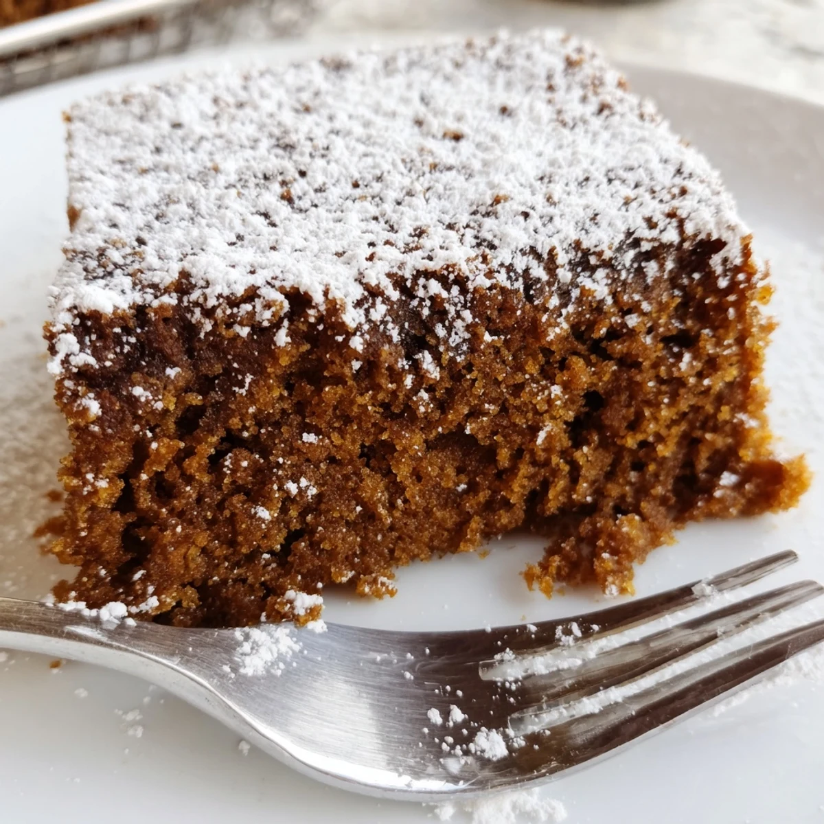 Close-up of warm gingerbread cake with ginger, showcasing a moist crumb and rich molasses color.