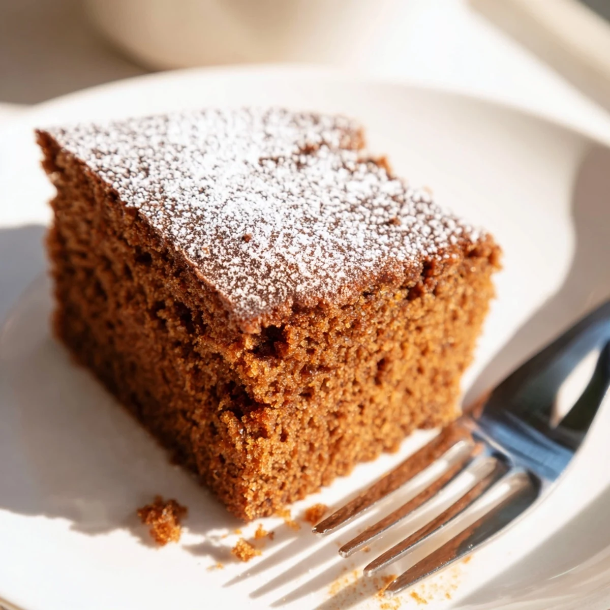 Freshly baked gingerbread cake with ginger topped with powdered sugar, served on a rustic wooden table.