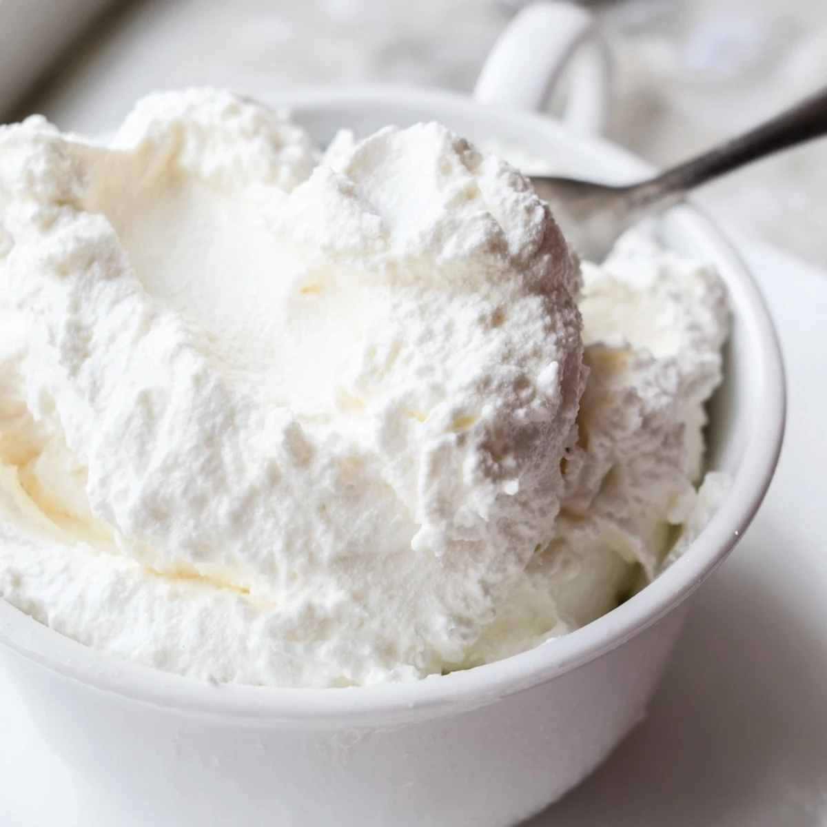 Fluffy, sweet Creamy Sugar Filling in a white bowl, ready to pipe into sandwich cookies.