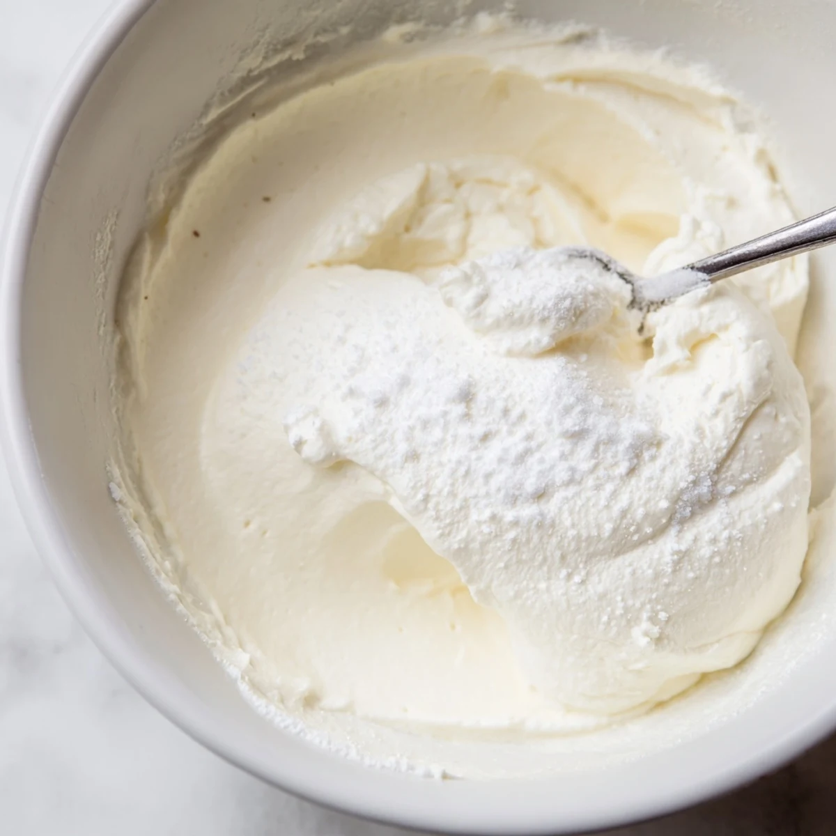 Whipped and airy Creamy Sugar Filling in a mixing bowl, ideal for pastries and cupcakes.