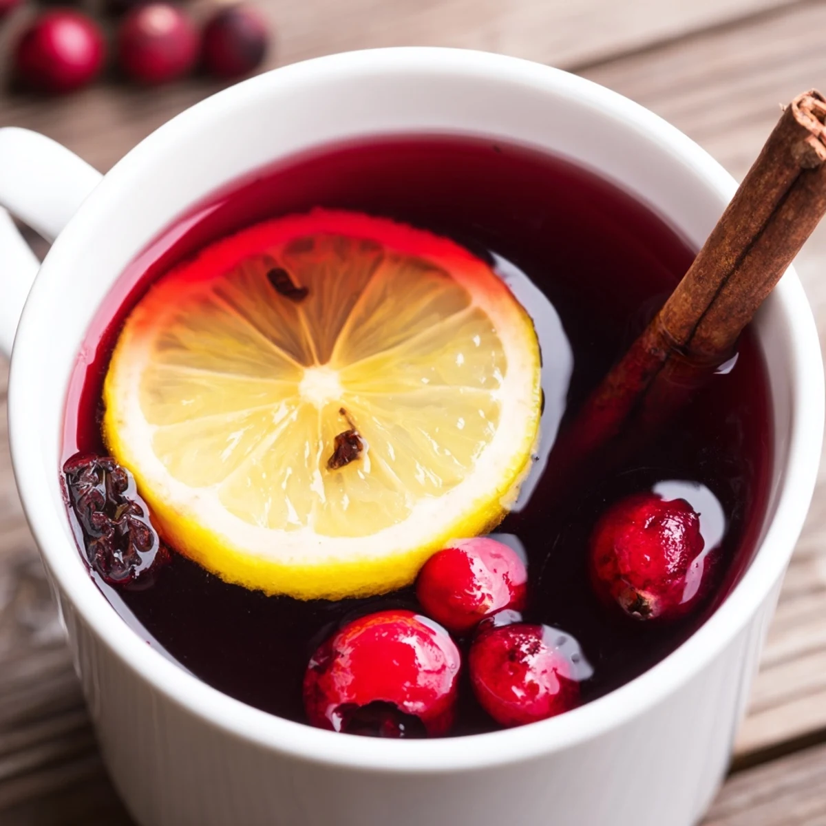 A steaming mug of cranberry tea with lemon slices, the deep red liquid glowing against a rustic wooden backdrop.
