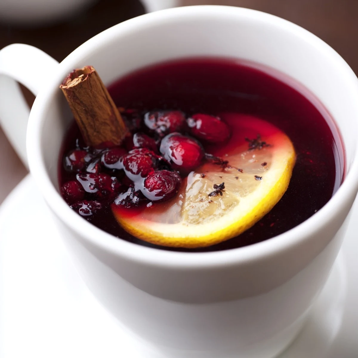 A bright cup of cranberry tea with lemon, garnished with fresh lemon slices on a cozy afternoon.