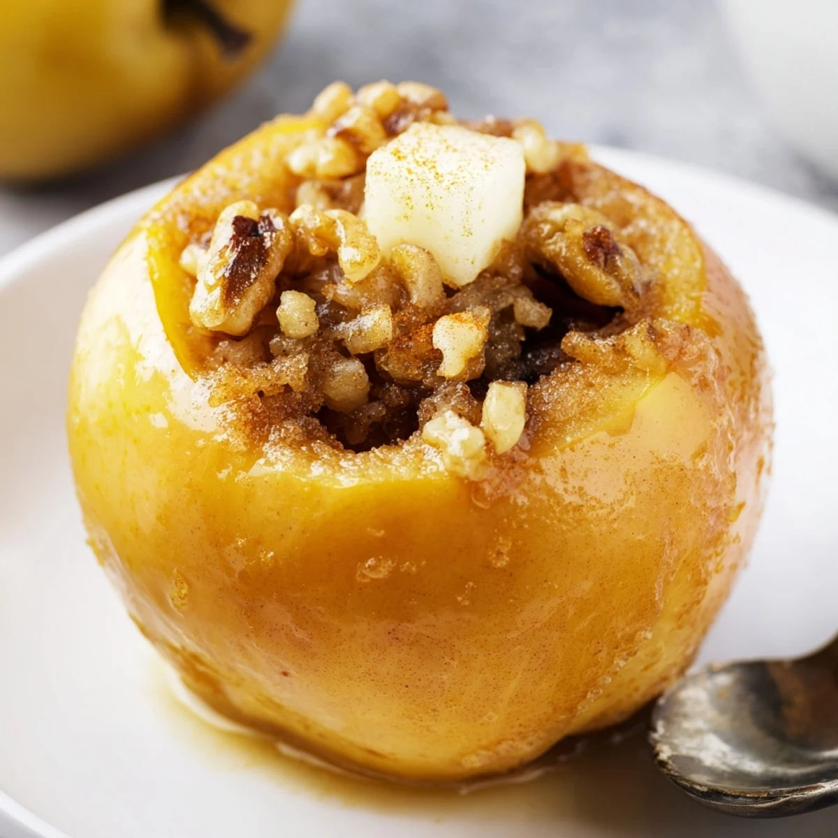 Golden Baked Apples with Cinnamon spilling from the core onto a baking dish