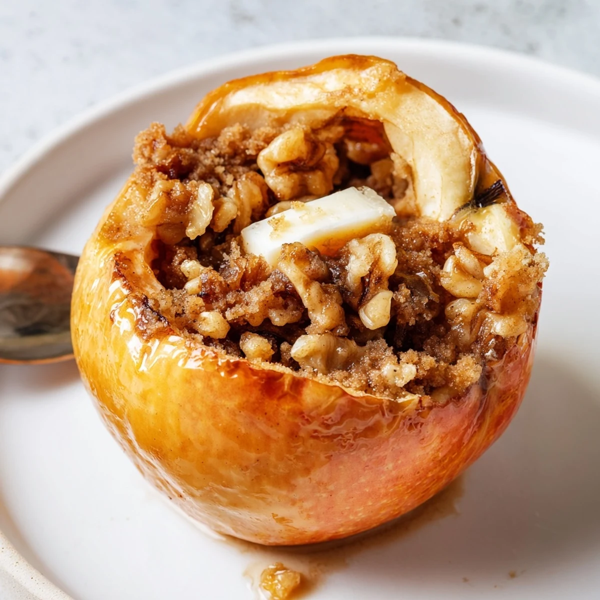 Warm Baked Apple with Cinnamon served with a scoop of vanilla ice cream melting