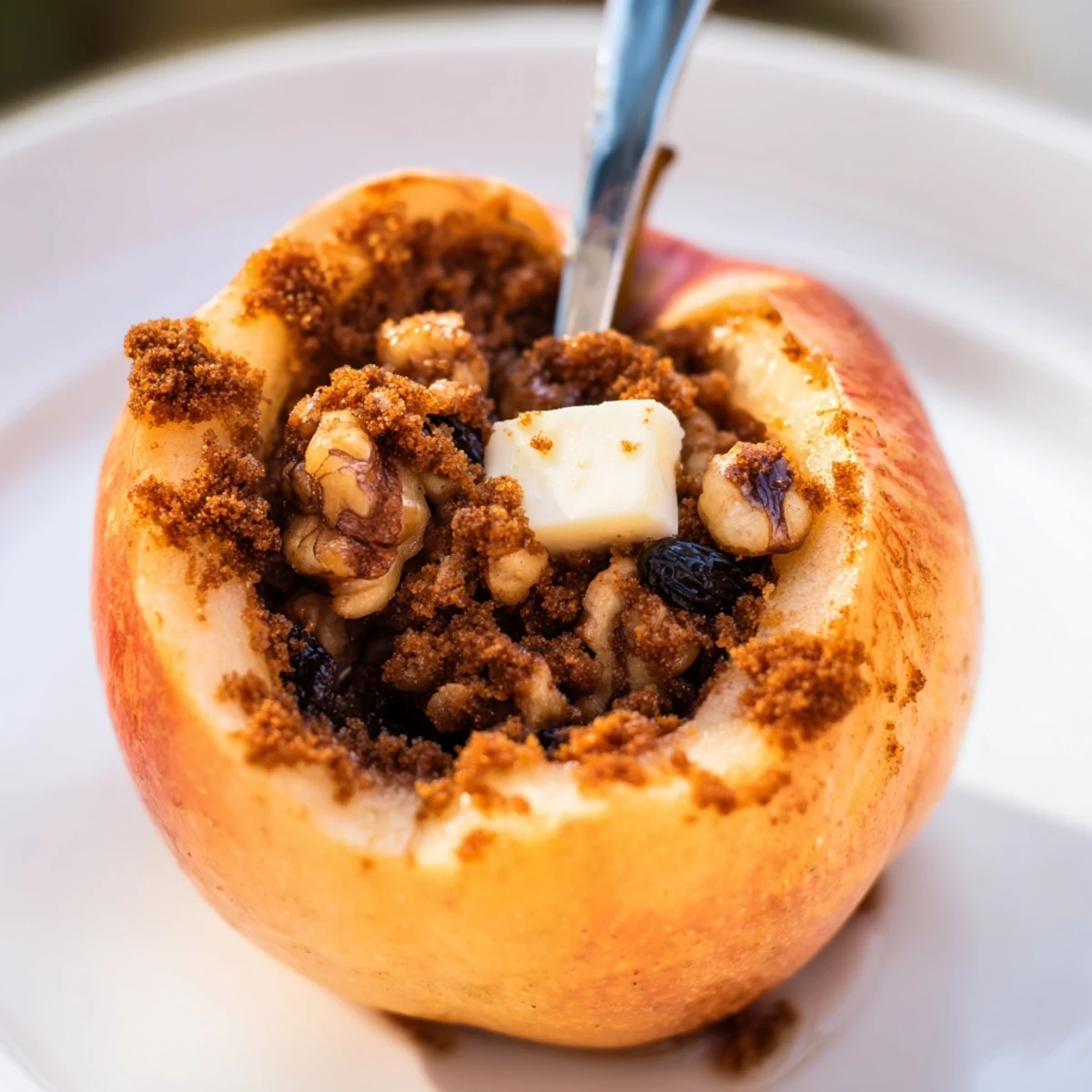Rustic Baked Apple with Cinnamon dessert featuring tender fruit, walnuts, and brown sugar glaze