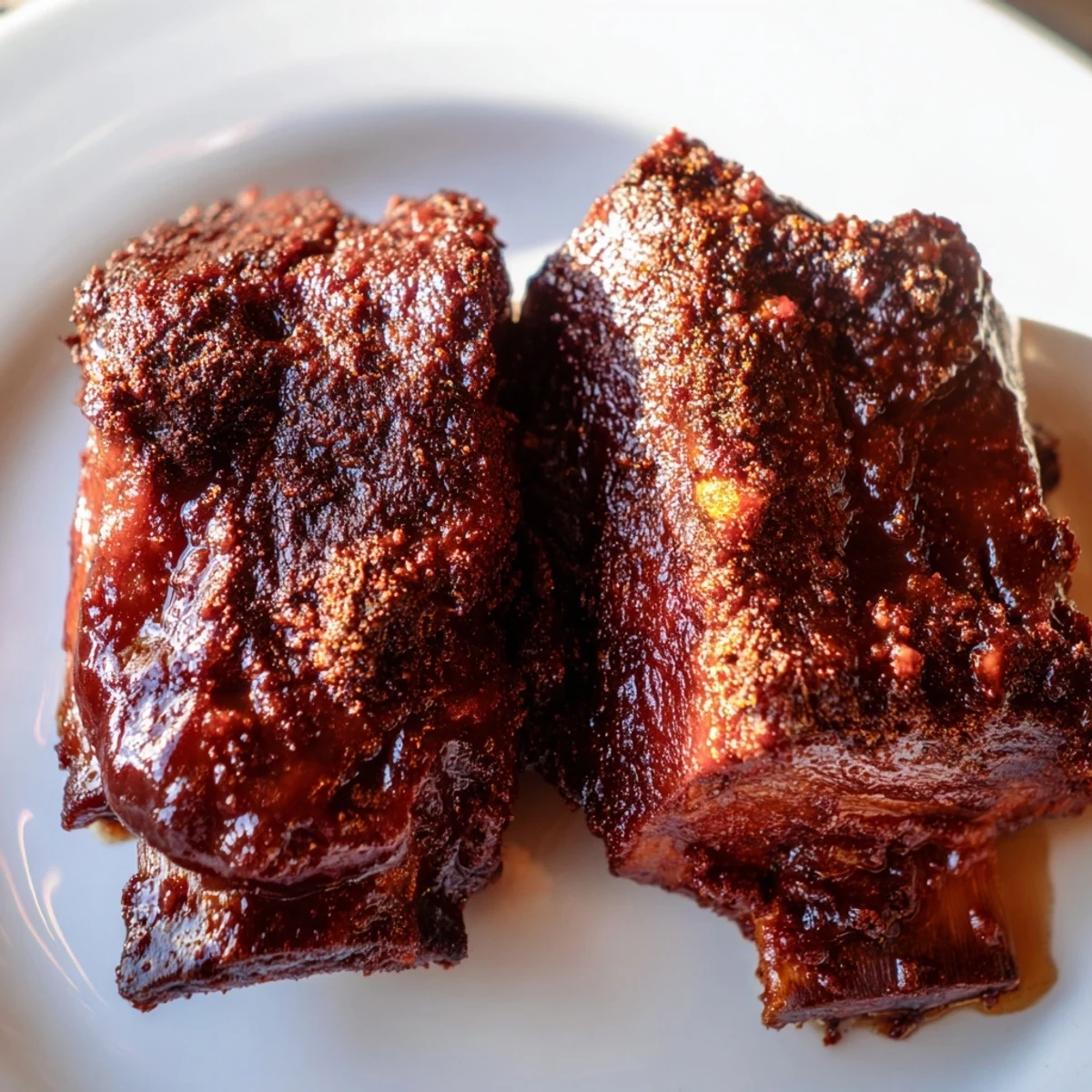 Slow-smoked Beef Ribs with BBQ Sauce glistening with sticky, caramelized glaze, ready to slice and serve for dinner.