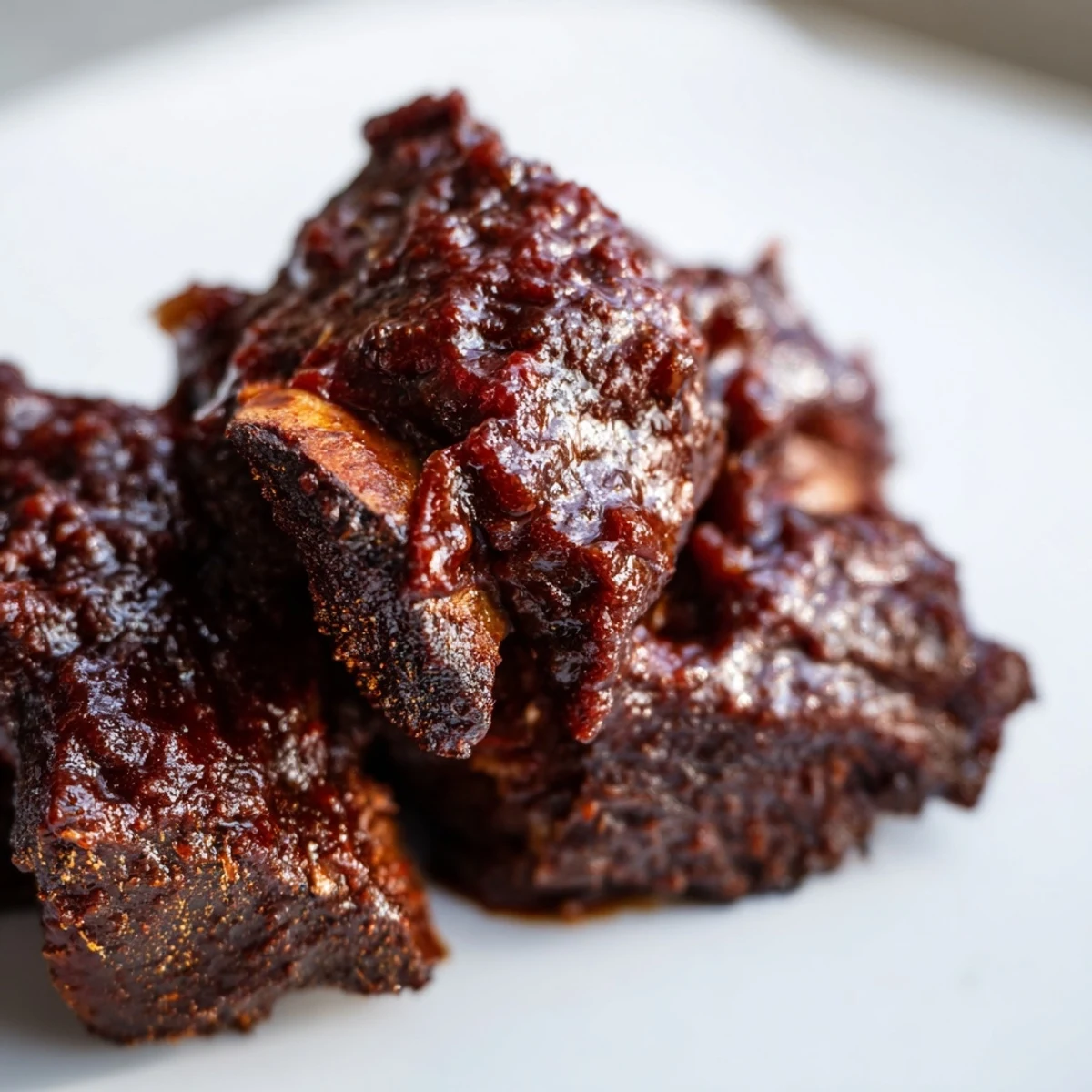 Tender, fall-off-the-bone Beef Ribs with BBQ Sauce plated beside creamy coleslaw and fresh cornbread on a rustic table.