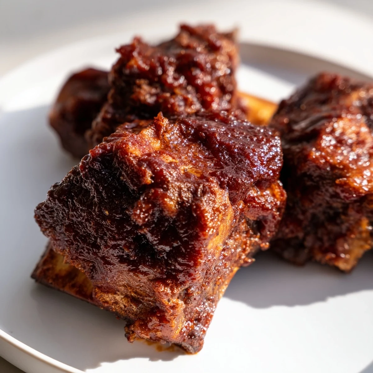 Golden-brown Beef Ribs with BBQ Sauce brushed on, fresh from the oven, sitting on a cast iron skillet.