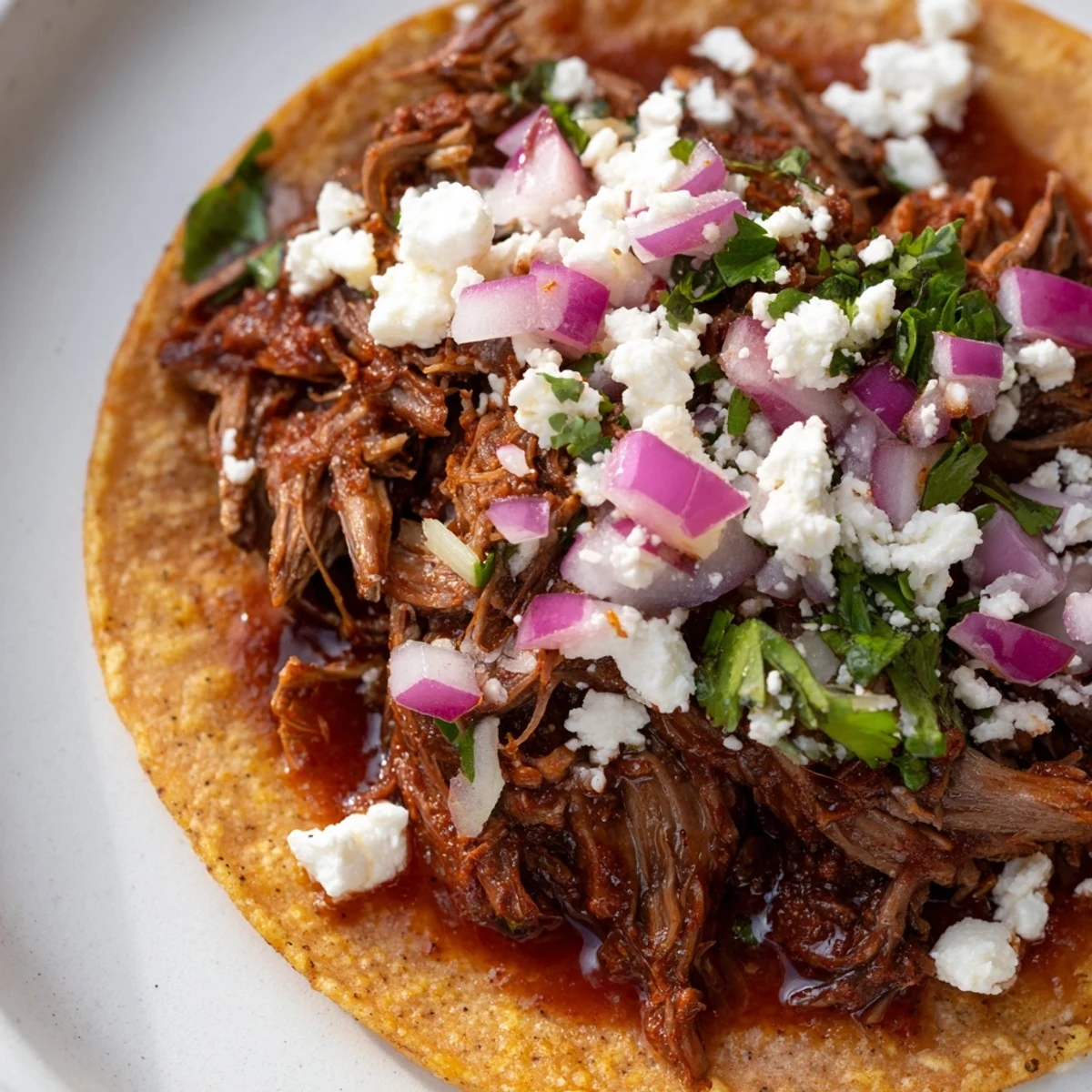 Steaming, saucy Barbacoa Tacos filled with tender shredded beef, lime wedges, and crumbled queso fresco on a rustic plate.