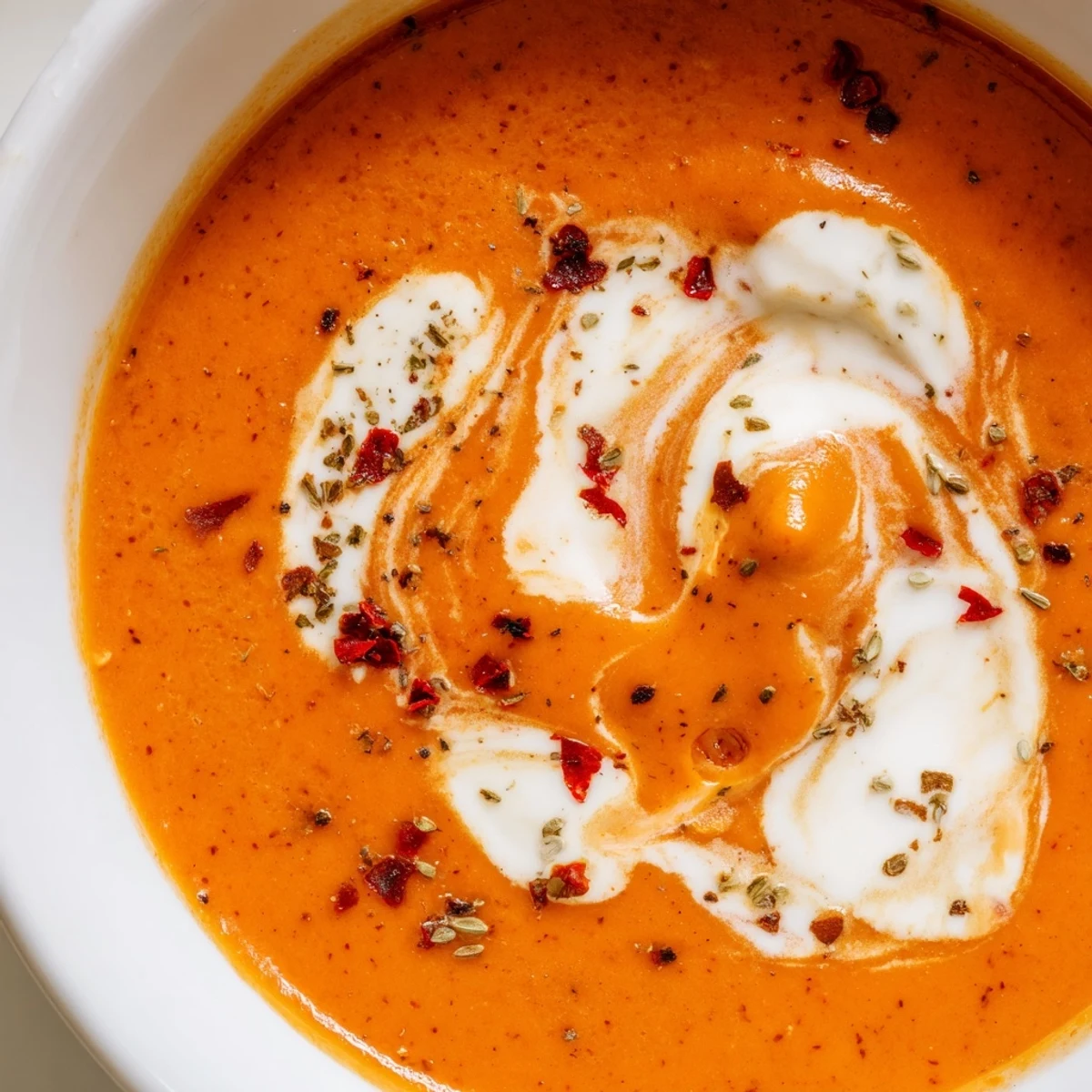 Vibrant roasted red peppers and ripe tomatoes blended into a velvety, creamy roasted red pepper and tomato soup in a rustic bowl.