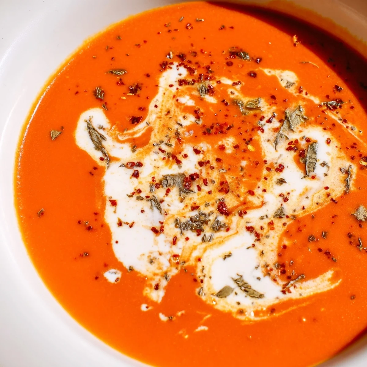 A bowl of creamy roasted red pepper and tomato soup with a swirl of cream and fresh basil, served with crusty bread.