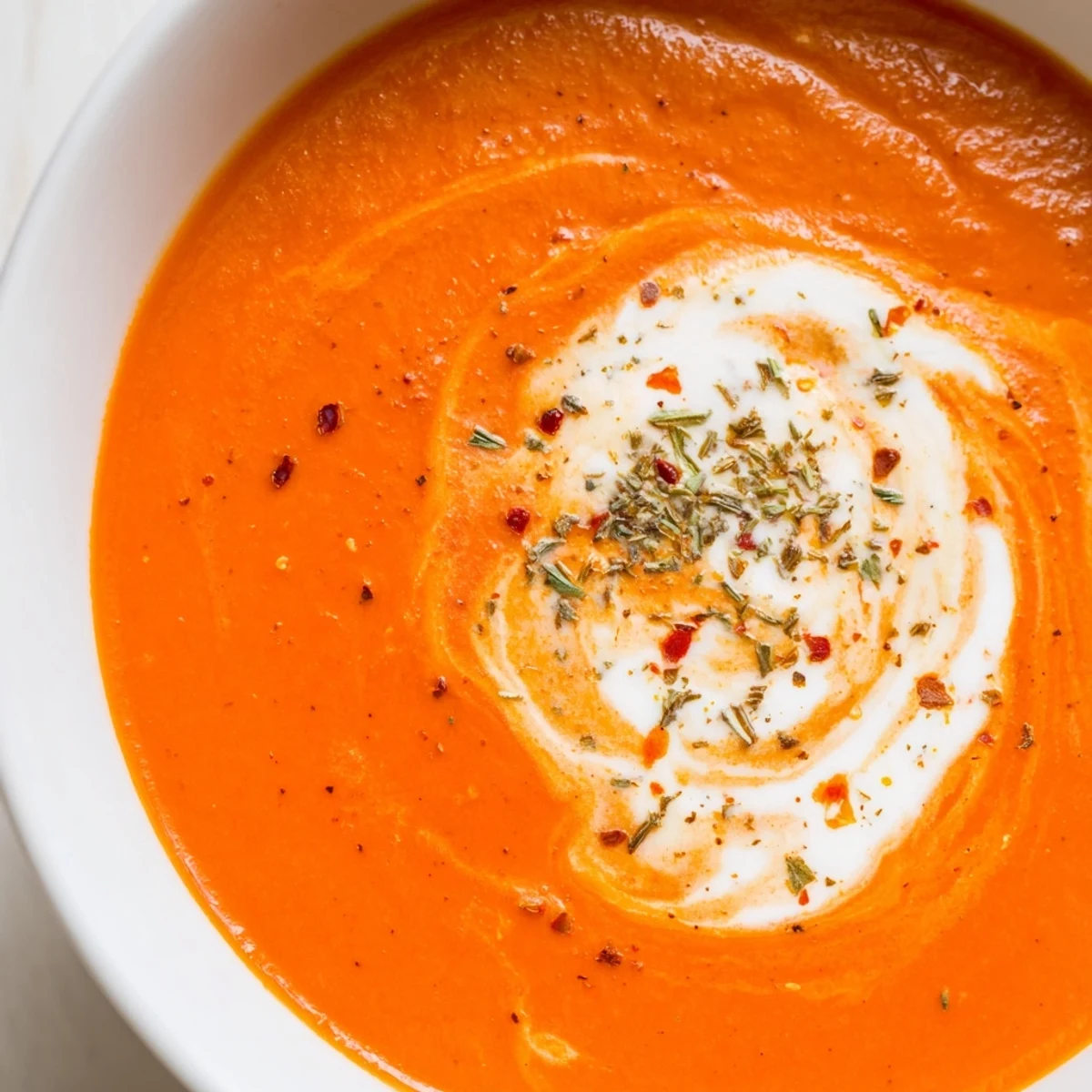 Overhead view of creamy roasted red pepper and tomato soup garnished with basil, olive oil, and pepper flakes beside a grilled cheese.
