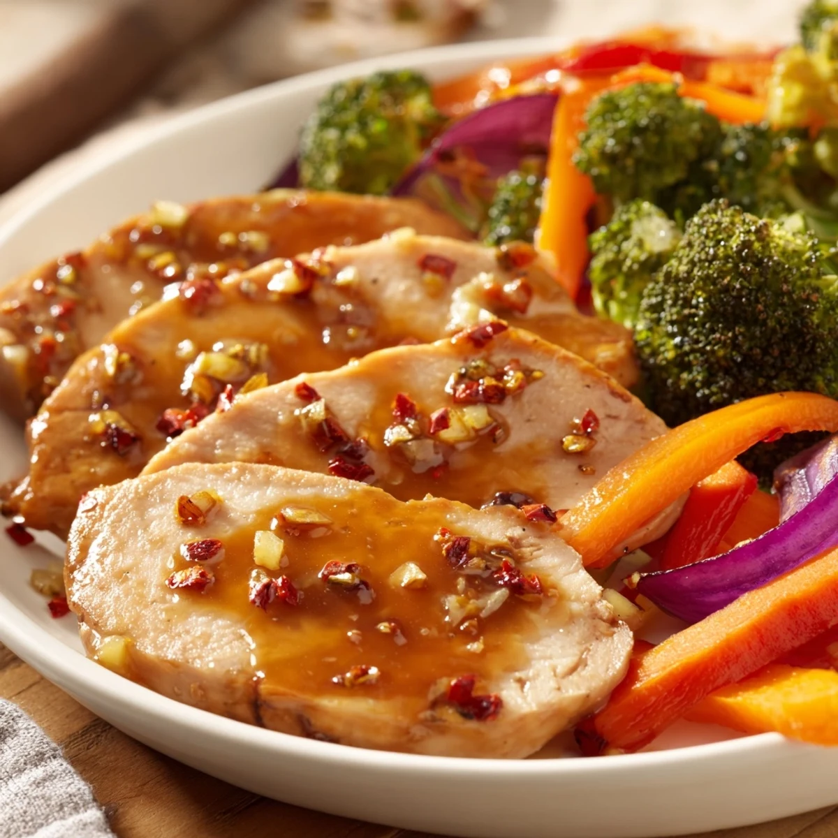 Juicy chicken glazed in sticky honey garlic sauce roasted with vibrant broccoli and carrots on a single sheet pan for an easy weeknight dinner.