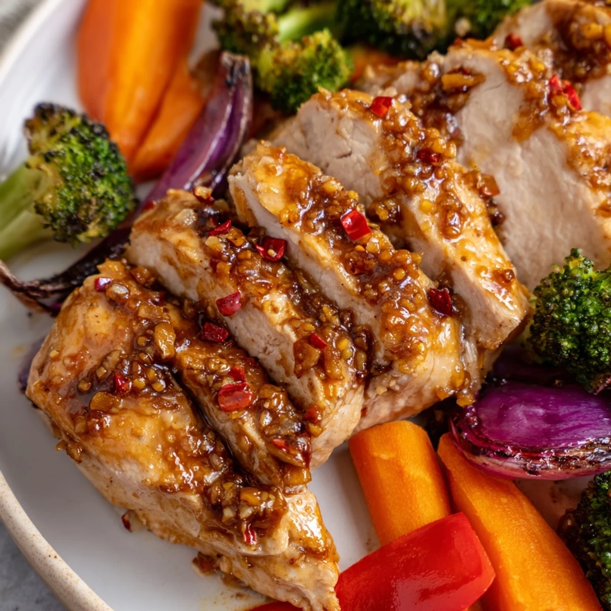A close-up view of Sheet Pan Honey Garlic Chicken and Veggies featuring caramelized edges on bell peppers and tender chicken slices, ready to serve.