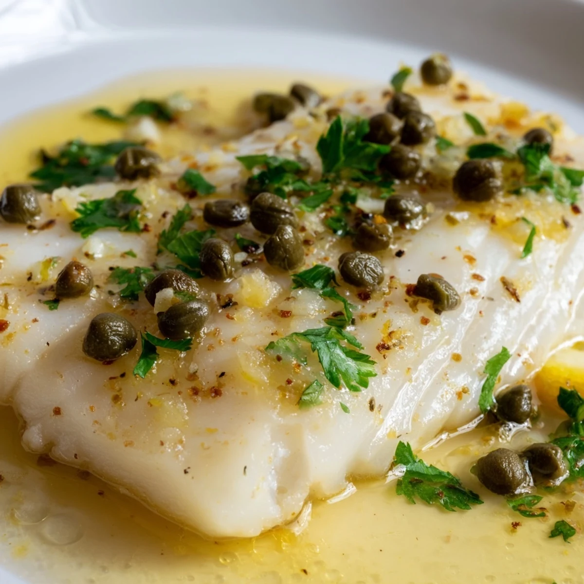 Four golden, flaky cod fillets in a baking dish coated in lemon butter sauce, topped with briny capers and fresh parsley.