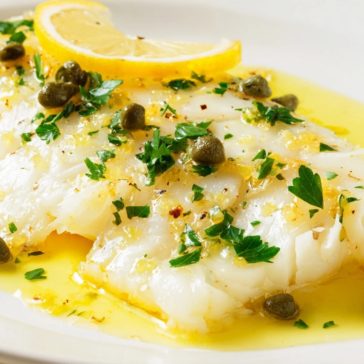 A close-up of tender Baked Cod with Lemon Butter and Capers garnished with fresh parsley and lemon slices on a plate.