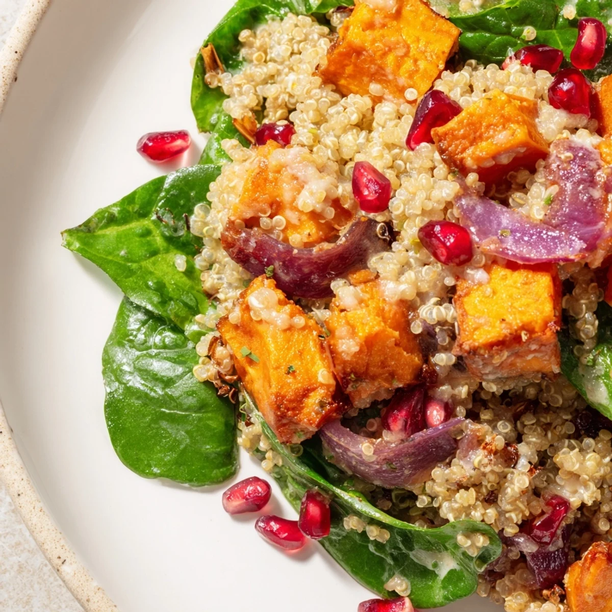 A hearty bowl of Warm Quinoa Salad with Roasted Sweet Potatoes served alongside fresh spinach and a zesty lemon-tahini drizzle.