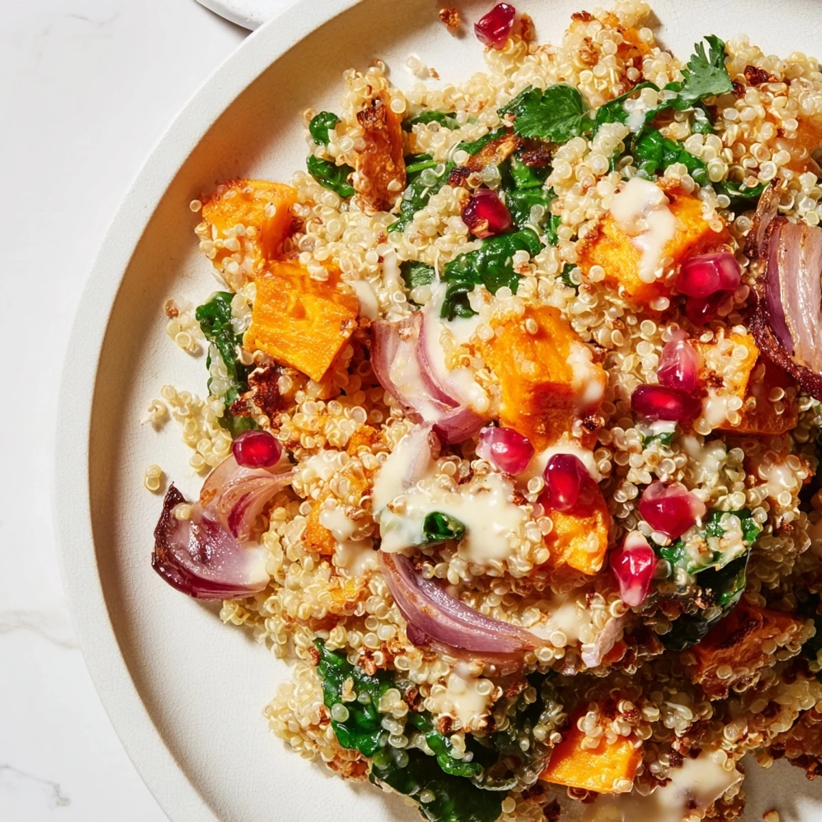 Warm Quinoa Salad with Roasted Sweet Potatoes drizzled with creamy lemon-tahini dressing, garnished with fresh parsley and vibrant pomegranate seeds.