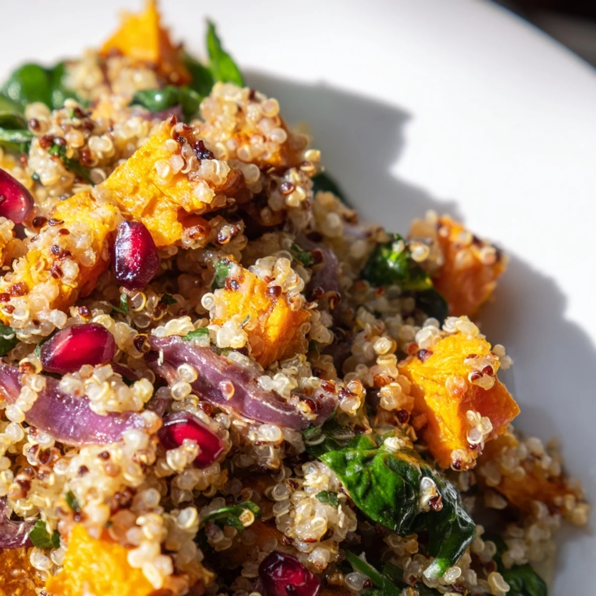 Close-up of fluffy quinoa and caramelized roasted sweet potatoes in this Warm Quinoa Salad with Roasted Sweet Potatoes, topped with pomegranate seeds.