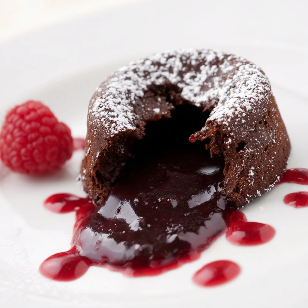 Four warm Chocolate Lava Cakes with Raspberry Coulis sit on a plate, dusted with powdered sugar and garnished with fresh raspberries.