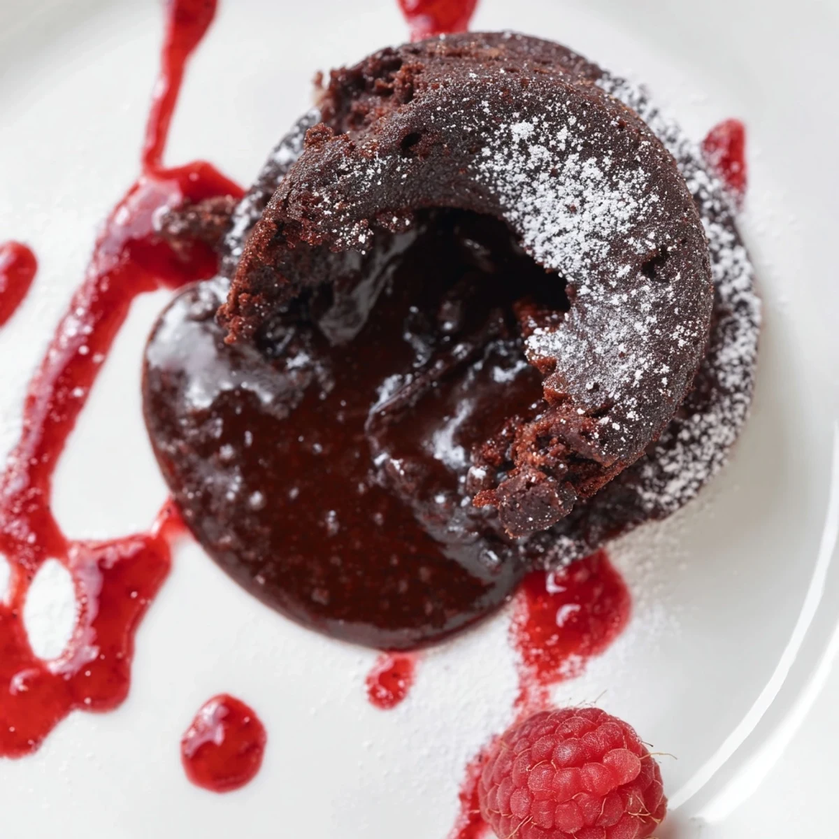 A spoon dips into a warm Chocolate Lava Cake with Raspberry Coulis, revealing a rich, molten dark chocolate center.