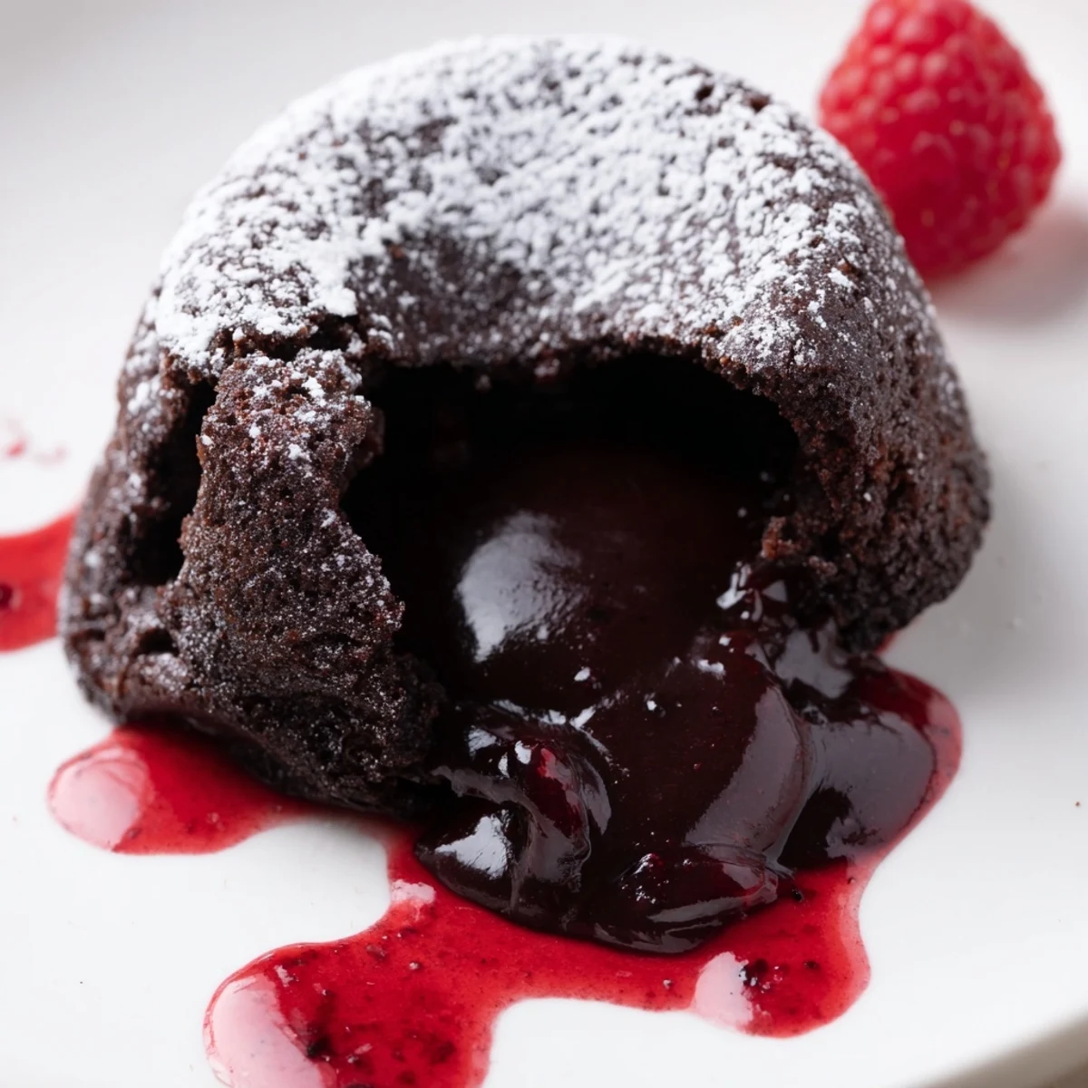 Elegant individual Chocolate Lava Cakes with Raspberry Coulis are plated with a fresh raspberry and a light sugar dusting.