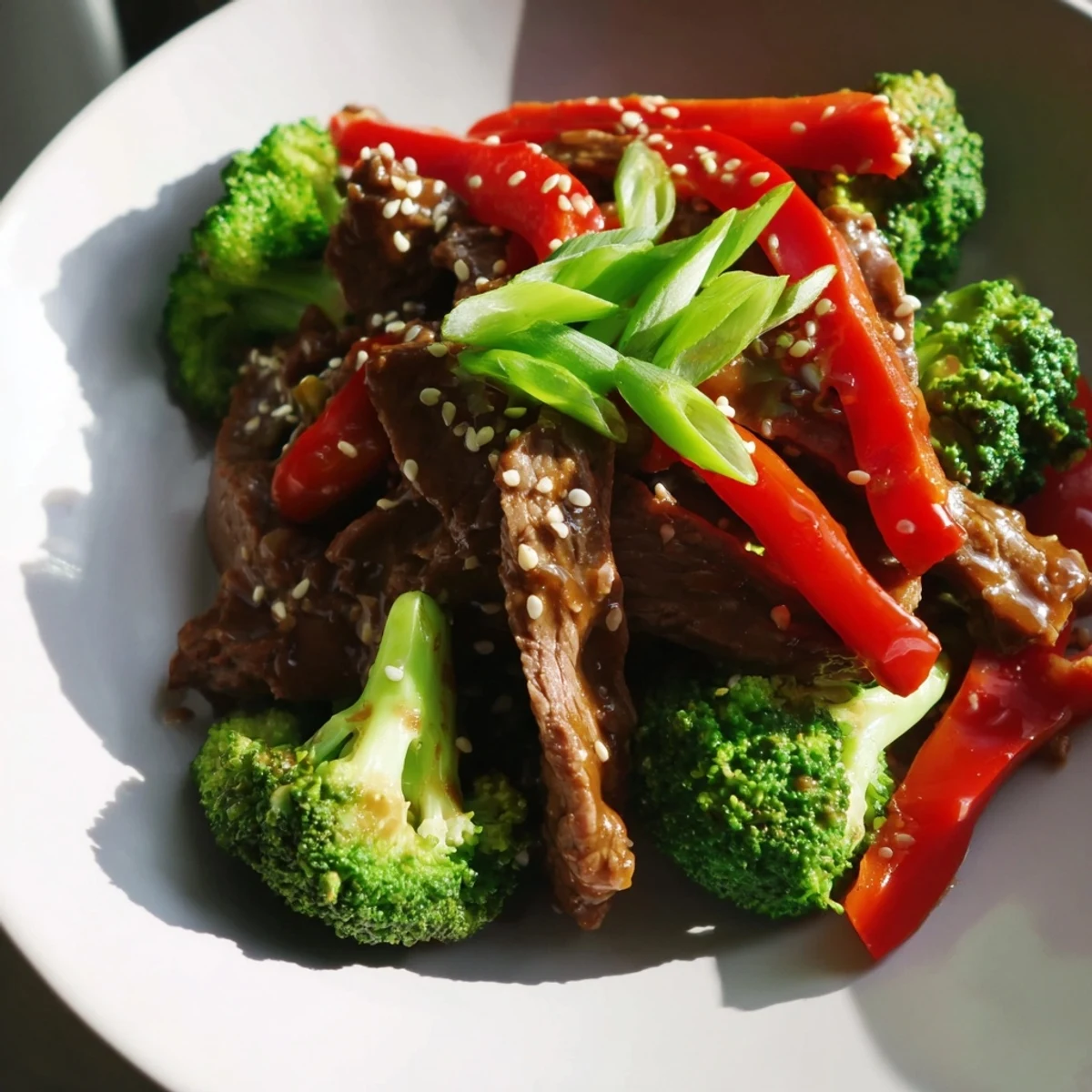 A close-up of Beef and Broccoli Stir Fry with Ginger Glaze, garnished with sesame seeds and scallions.