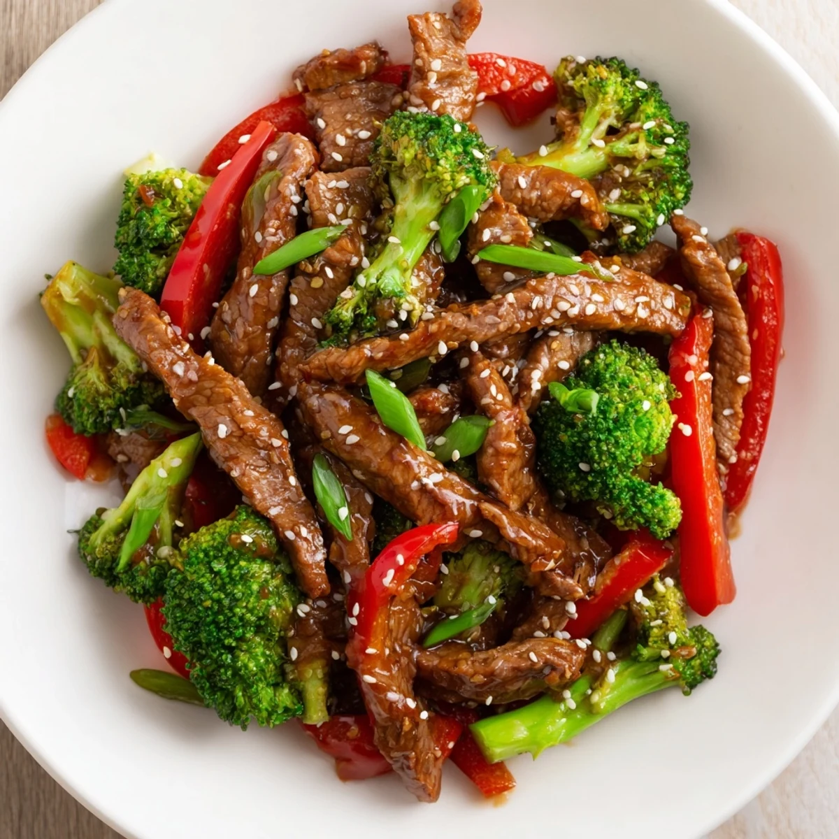 Steamed broccoli and tender beef strips coated in a glossy ginger glaze in a white bowl with a spoon.