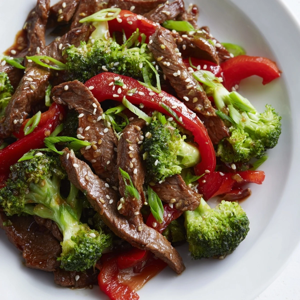 Freshly cooked Beef and Broccoli Stir Fry with Ginger Glaze served over white rice, steam rising from the dish.