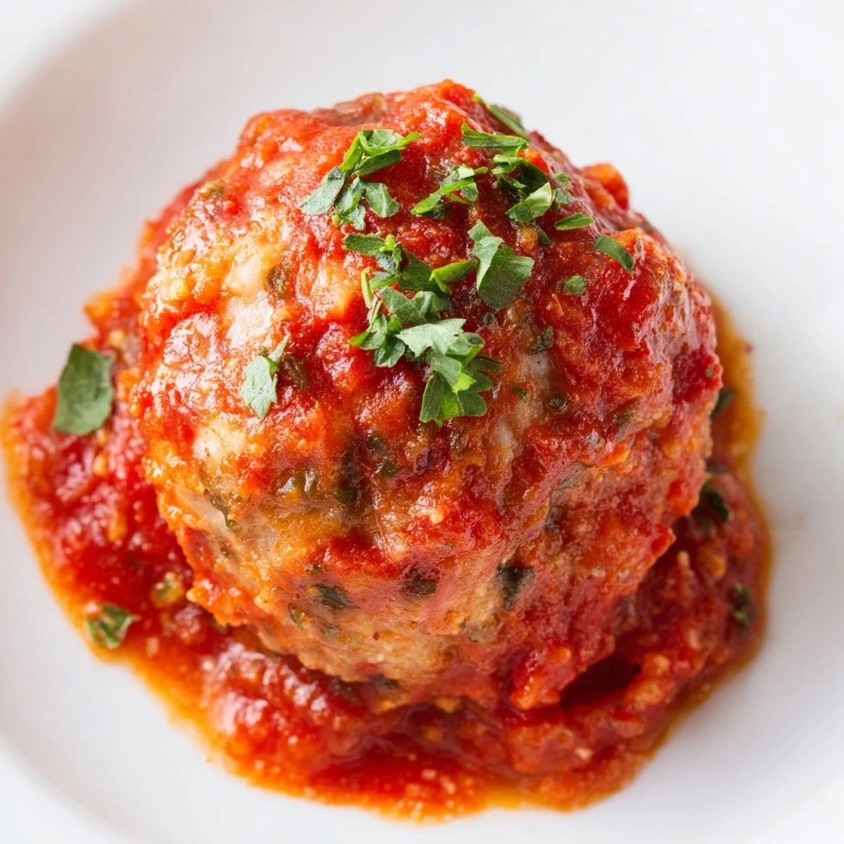 Golden brown turkey meatballs in marinara sauce served over twirls of spaghetti with fresh basil.