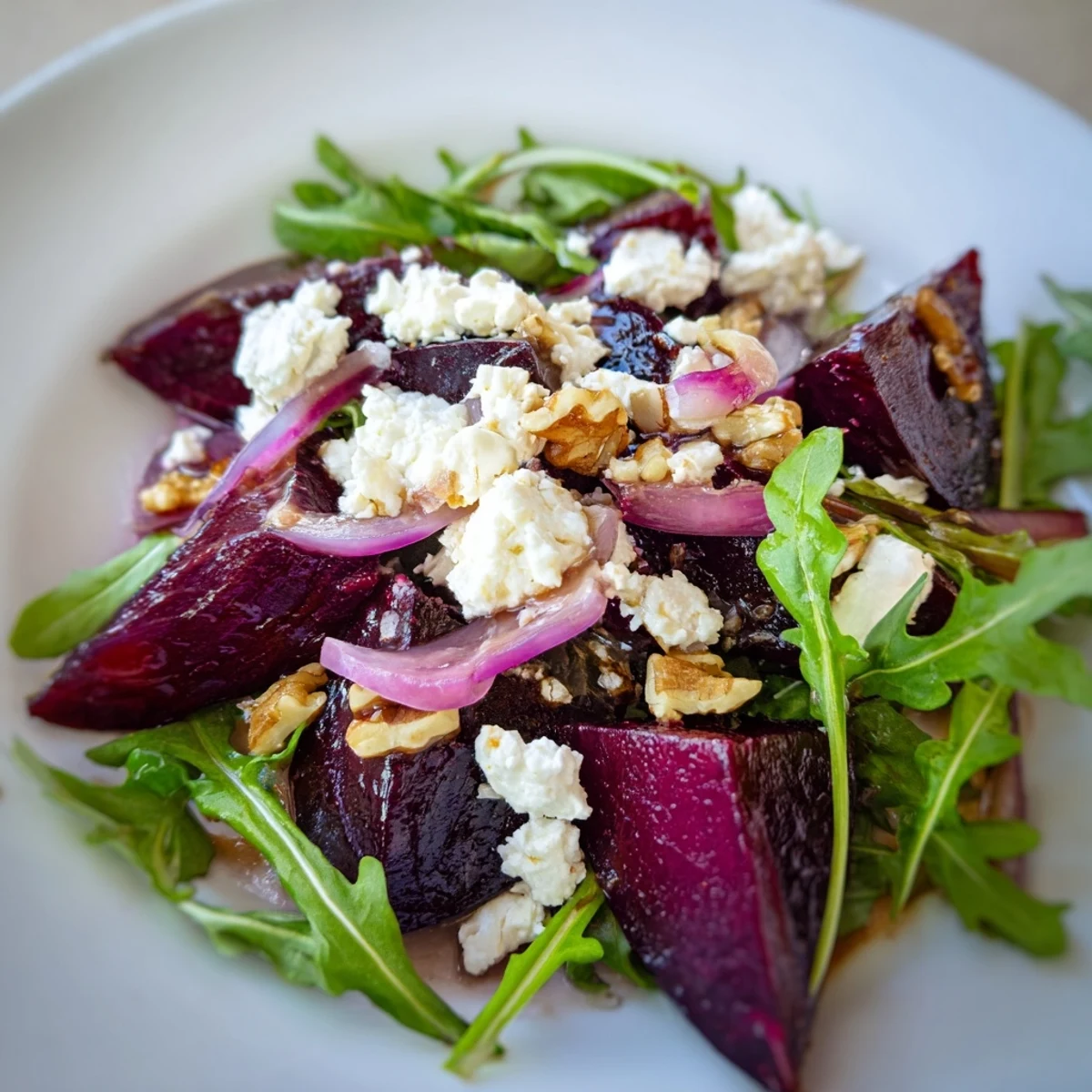 Roasted beet salad with arugula and feta topped with toasted walnuts, ready to serve as a vibrant side dish.
