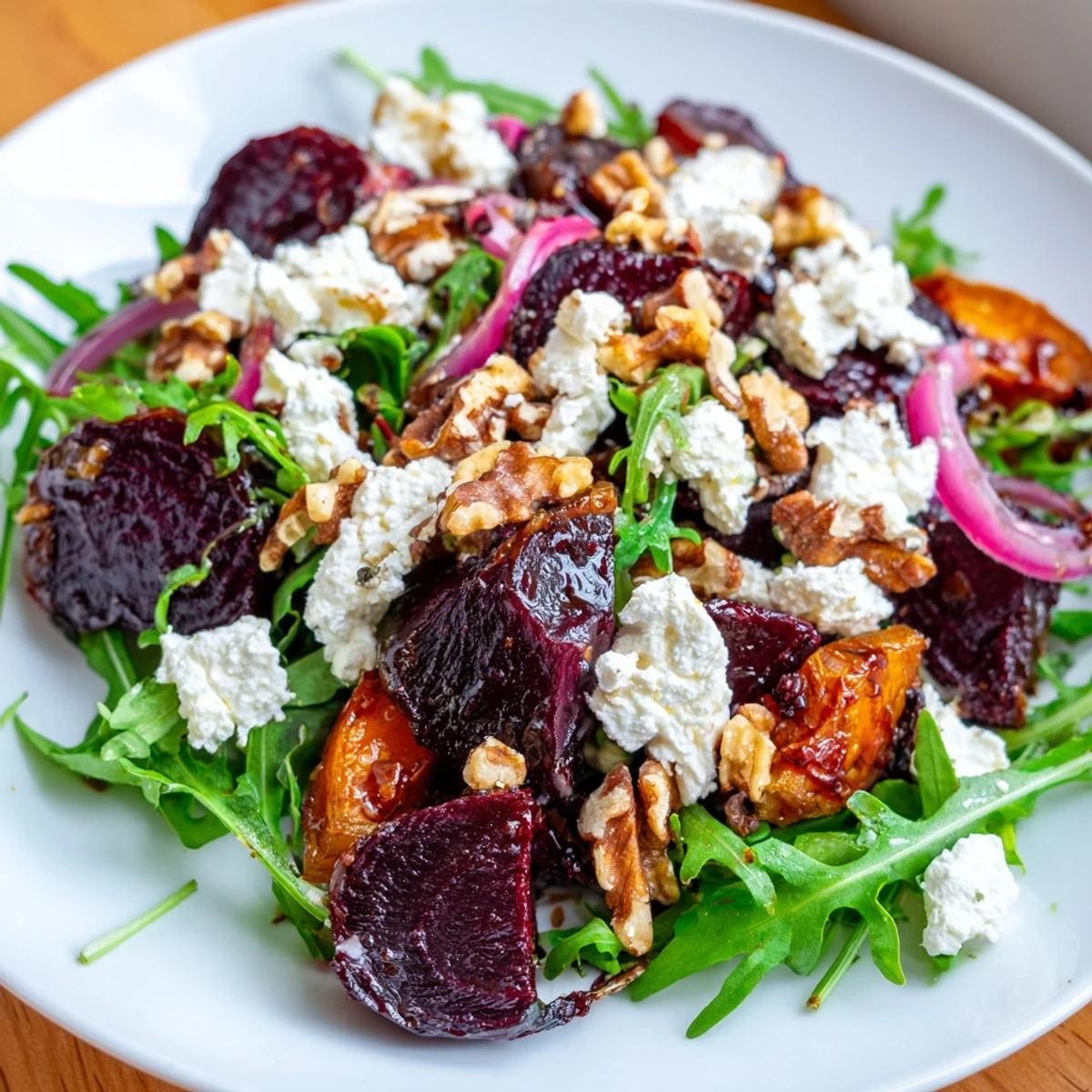 Slice of roasted beet salad with arugula and feta drizzled in vinaigrette on a white plate for a light lunch.