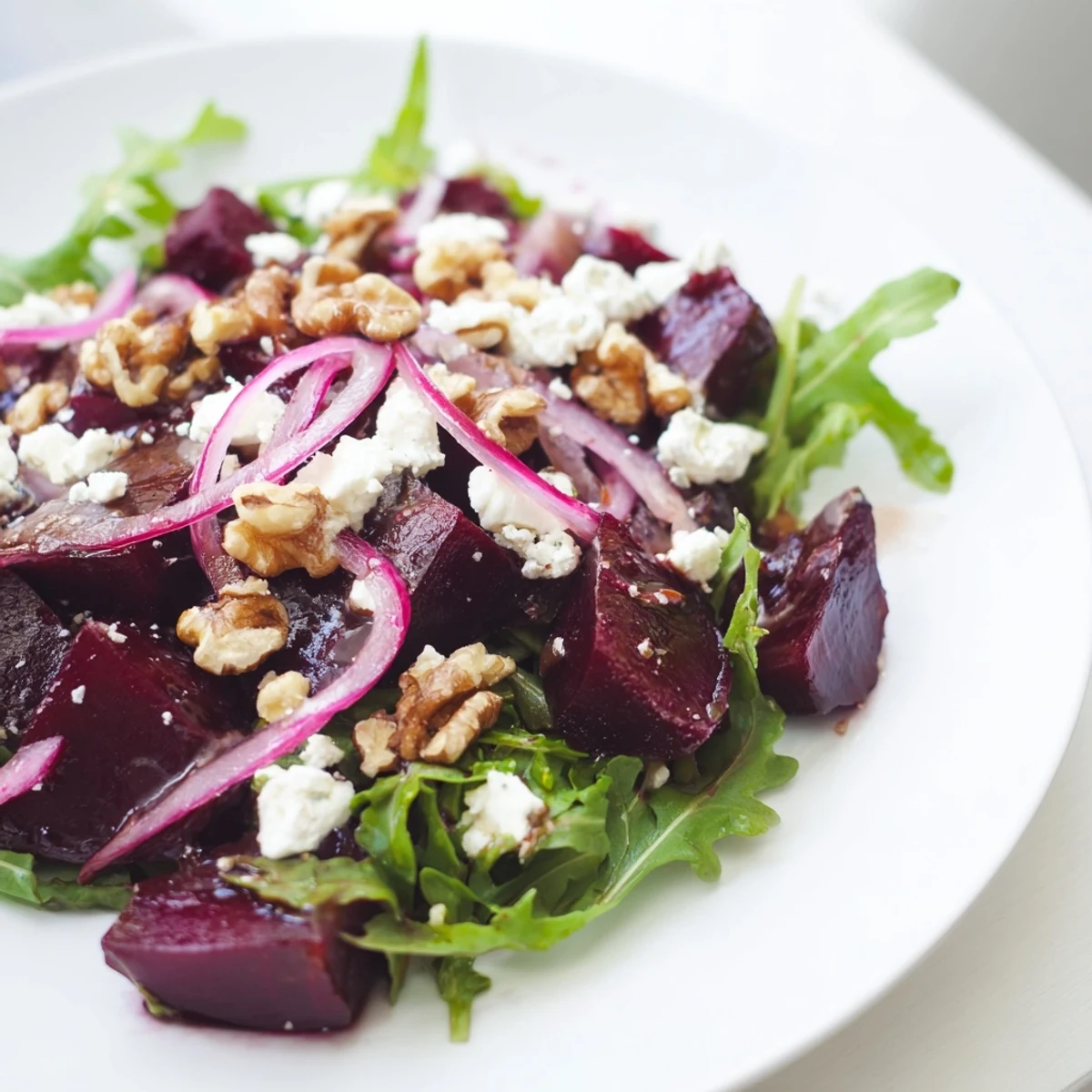 Freshly tossed roasted beet salad with arugula and feta featuring ruby-red beets and red onion on a rustic wooden table.