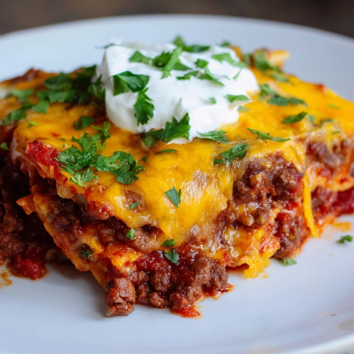 Golden, bubbly Monterey Jack and cheddar cheese top the Beef Enchilada Casserole, garnished with fresh cilantro and avocado chunks.