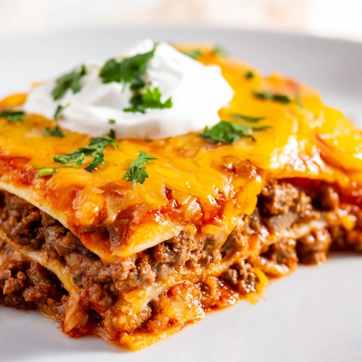 A hearty slice of Beef Enchilada Casserole reveals layers of seasoned ground beef, tortillas, and rich red enchilada sauce on a plate.