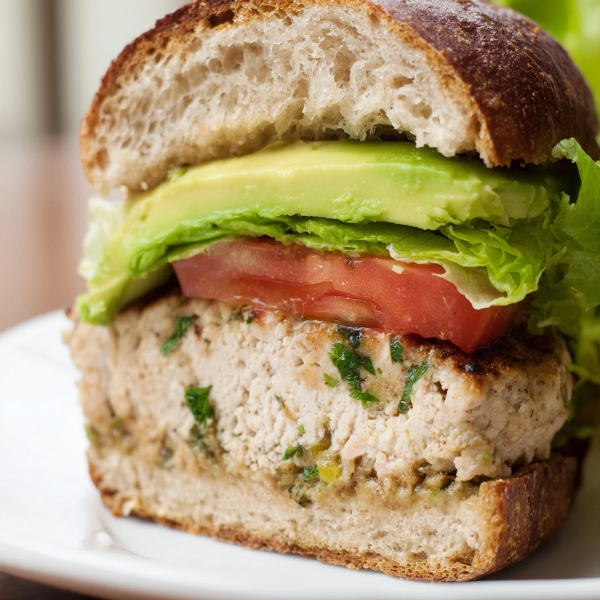 Slices of creamy avocado top a grilled Turkey Burger with Avocado, served alongside golden sweet potato fries.