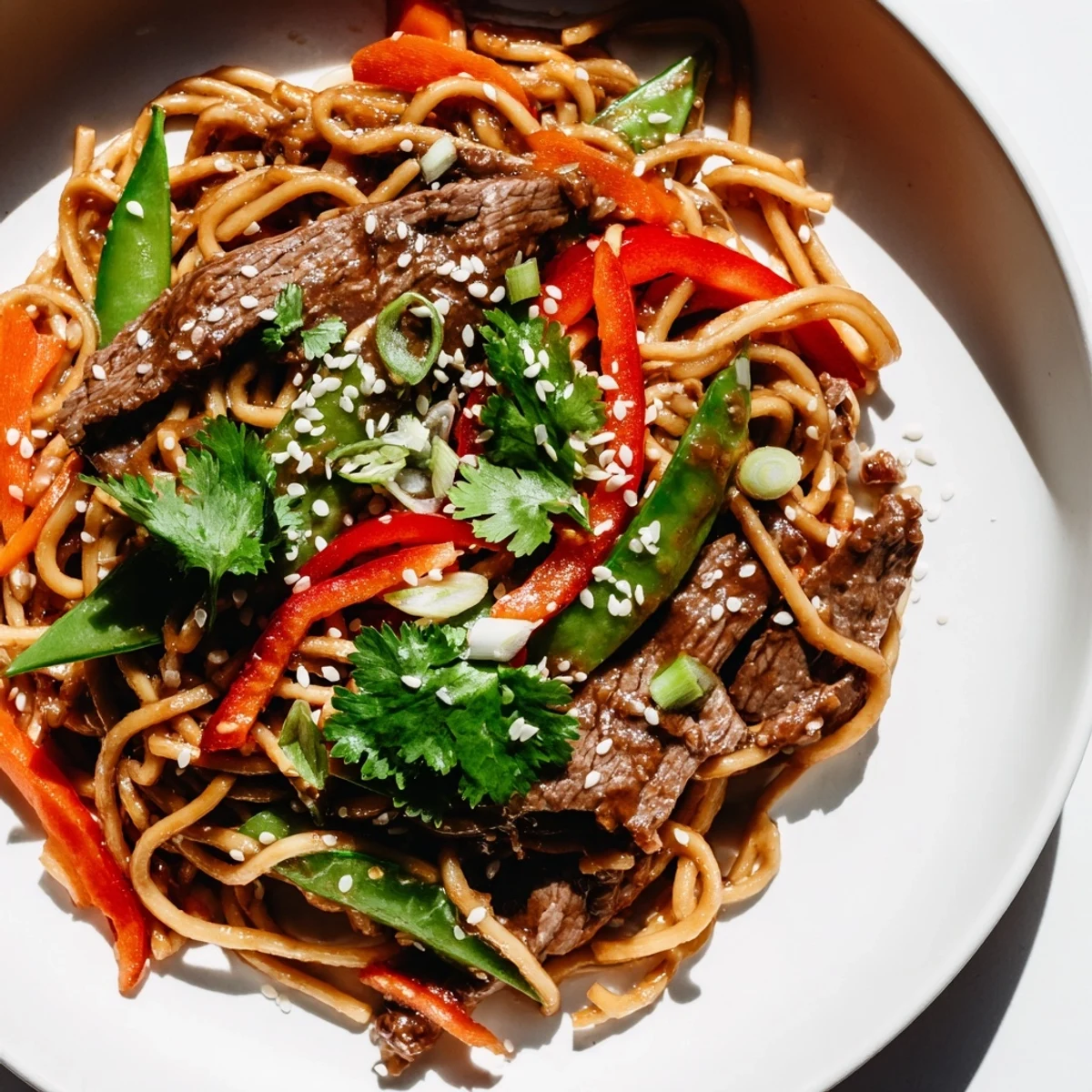 Steaming Spicy Beef Noodles are tossed with colorful peppers and snap peas in a wok.