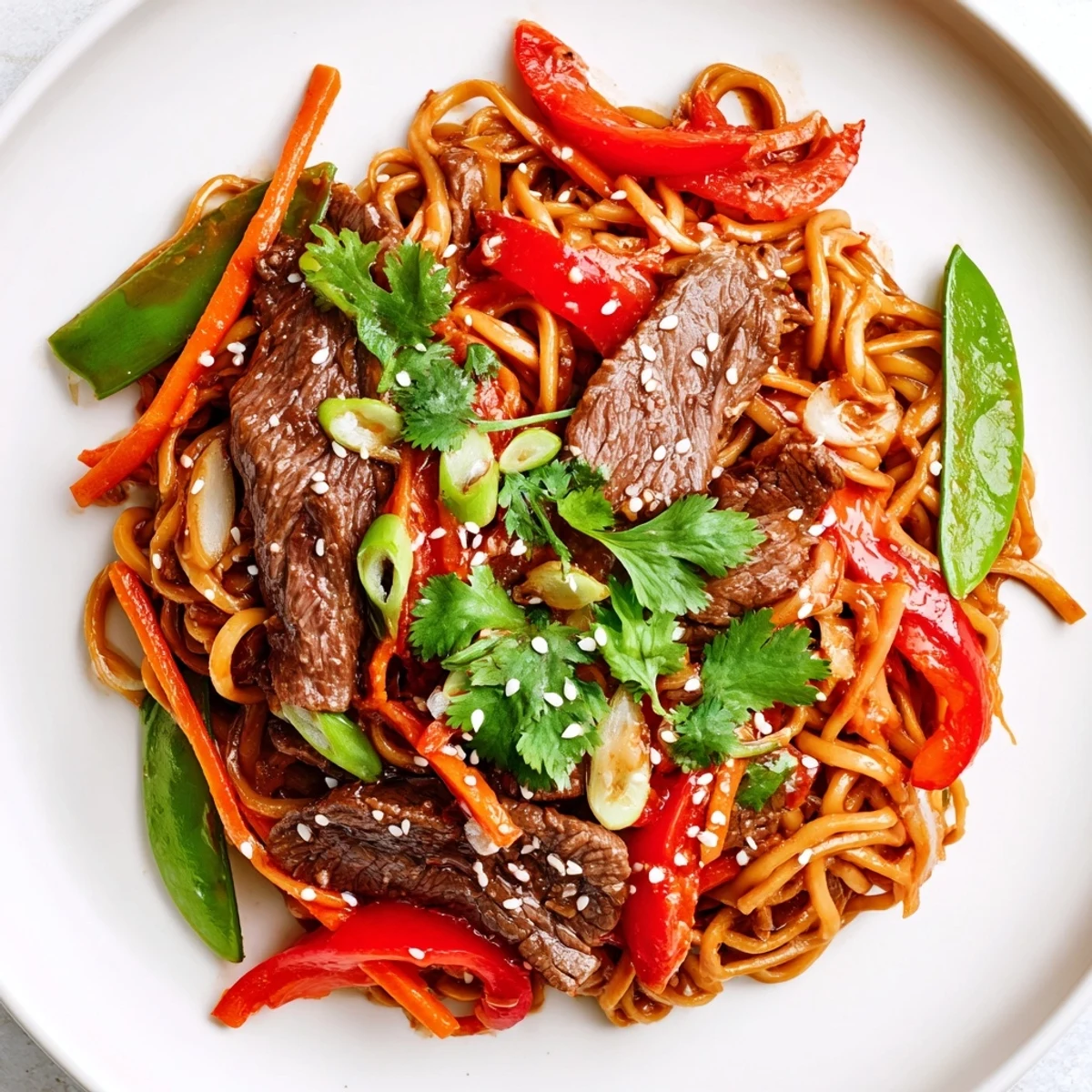 Close-up of a serving bowl of Spicy Beef Noodles topped with fresh cilantro and spring onions.