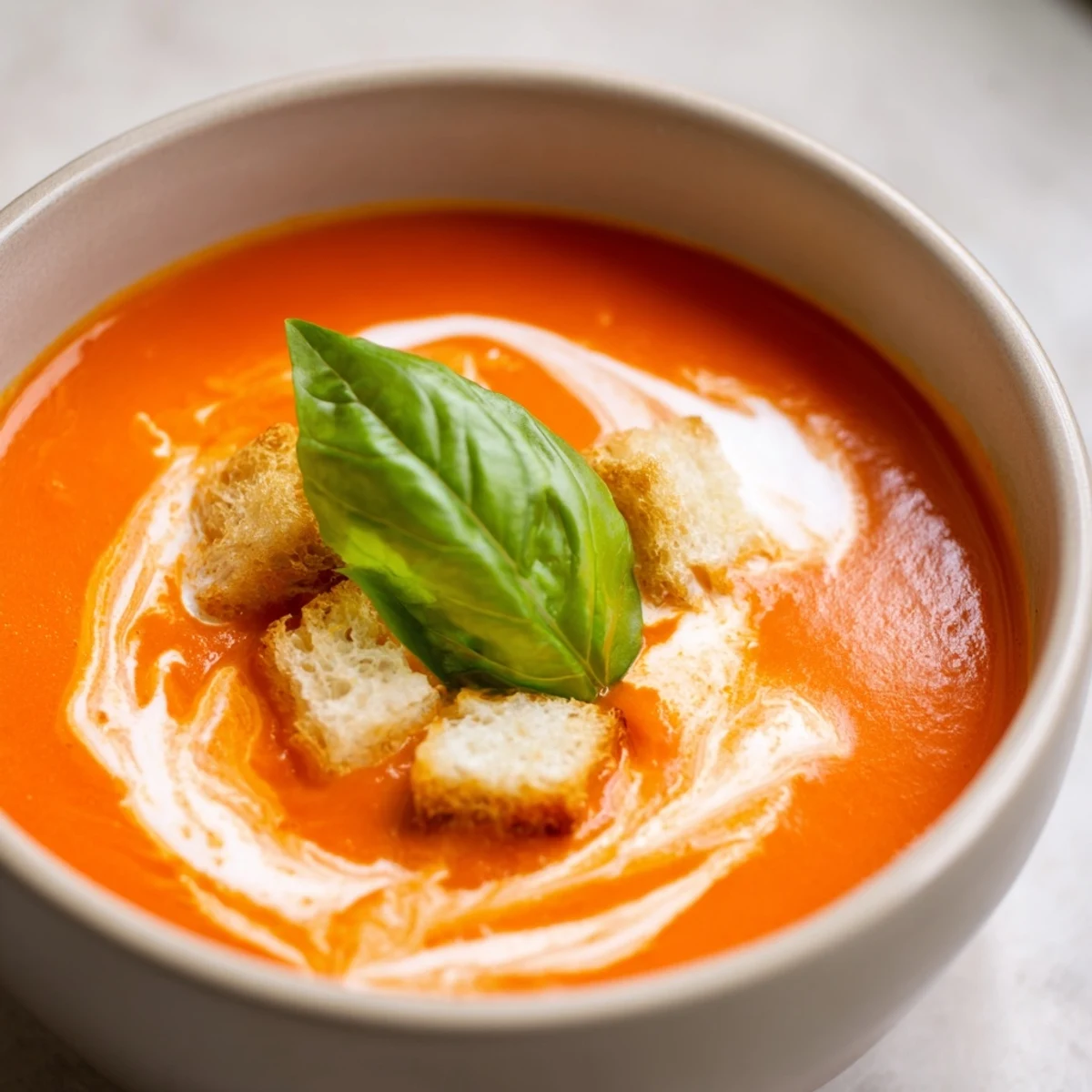 Creamy Tomato Bisque in a rustic white bowl, garnished with fresh basil and a drizzle of heavy cream.