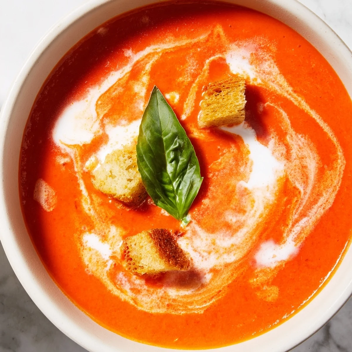 Creamy Tomato Bisque simmering in a pot, showing rich red texture and aromatic herbs on top.