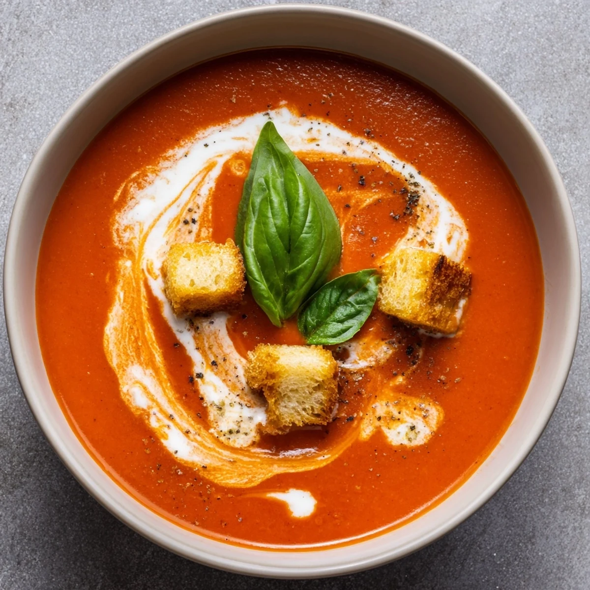A ladle of Creamy Tomato Bisque lifted from the pot, ready to serve with crunchy croutons.
