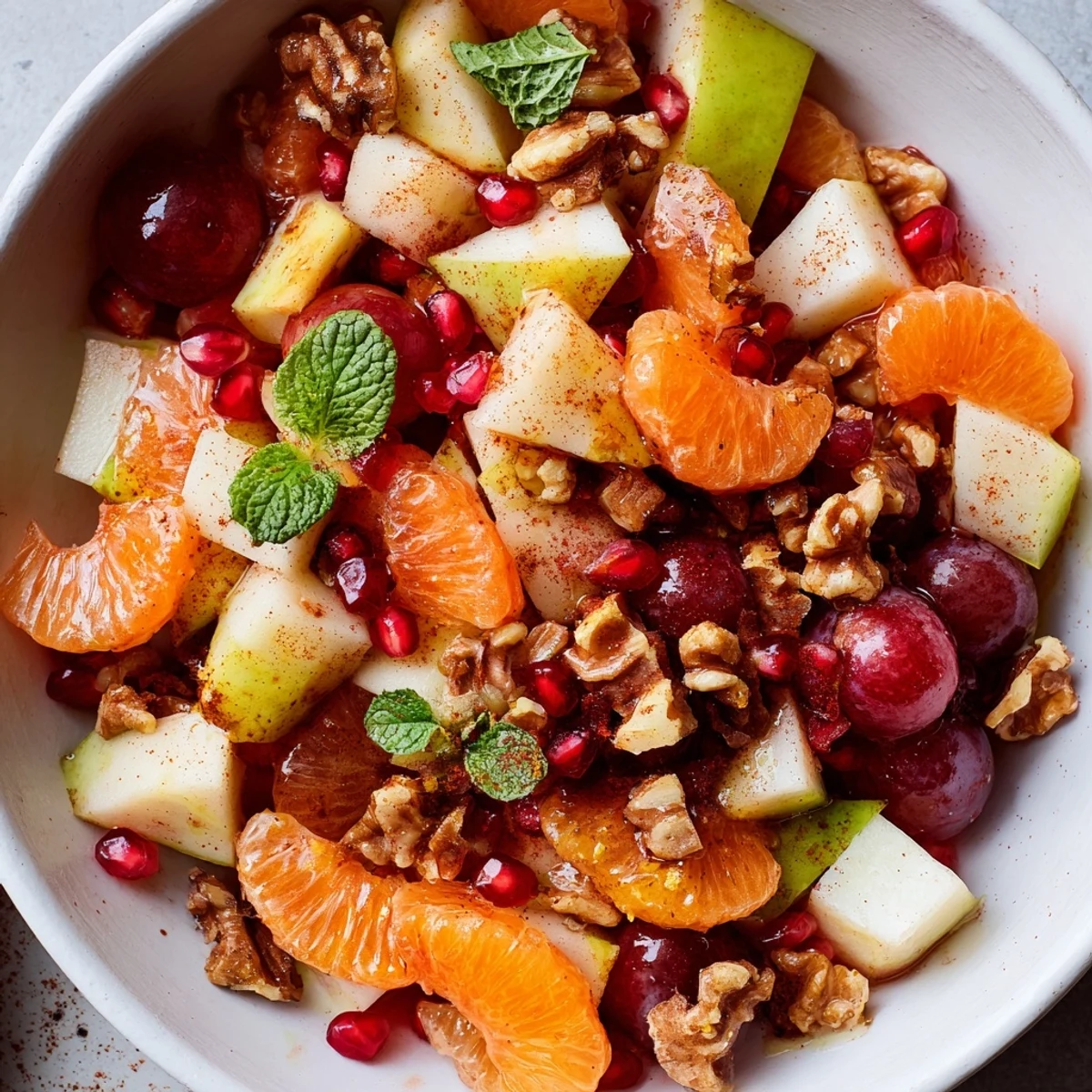 Winter Fruit Salad with Citrus served in a glass bowl with mint and pomegranate seeds on a rustic table.